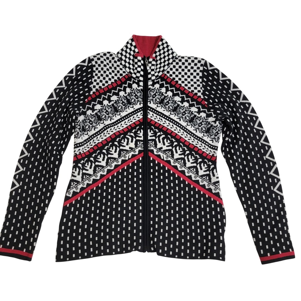 Icelandic Design Womens M Black White Red Fair‎ Isle Nordic Zip Cotton Cardigan